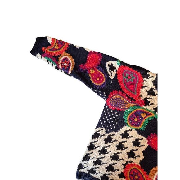 VTG 80s Sweater Knitting Needles Sz L Houndstooth Paisley Sweater Navy - Picture 7 of 8